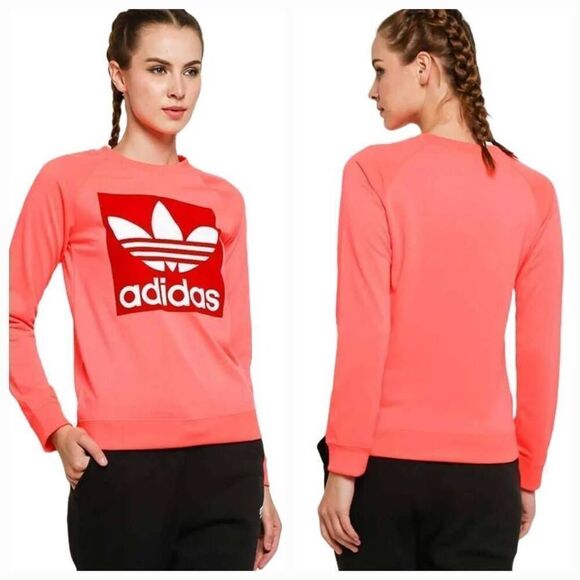 🔺️Adidas Neon Pink Trefoil Logo Crewneck Long Sleeve Sweatshirt Medium - Picture 2 of 12